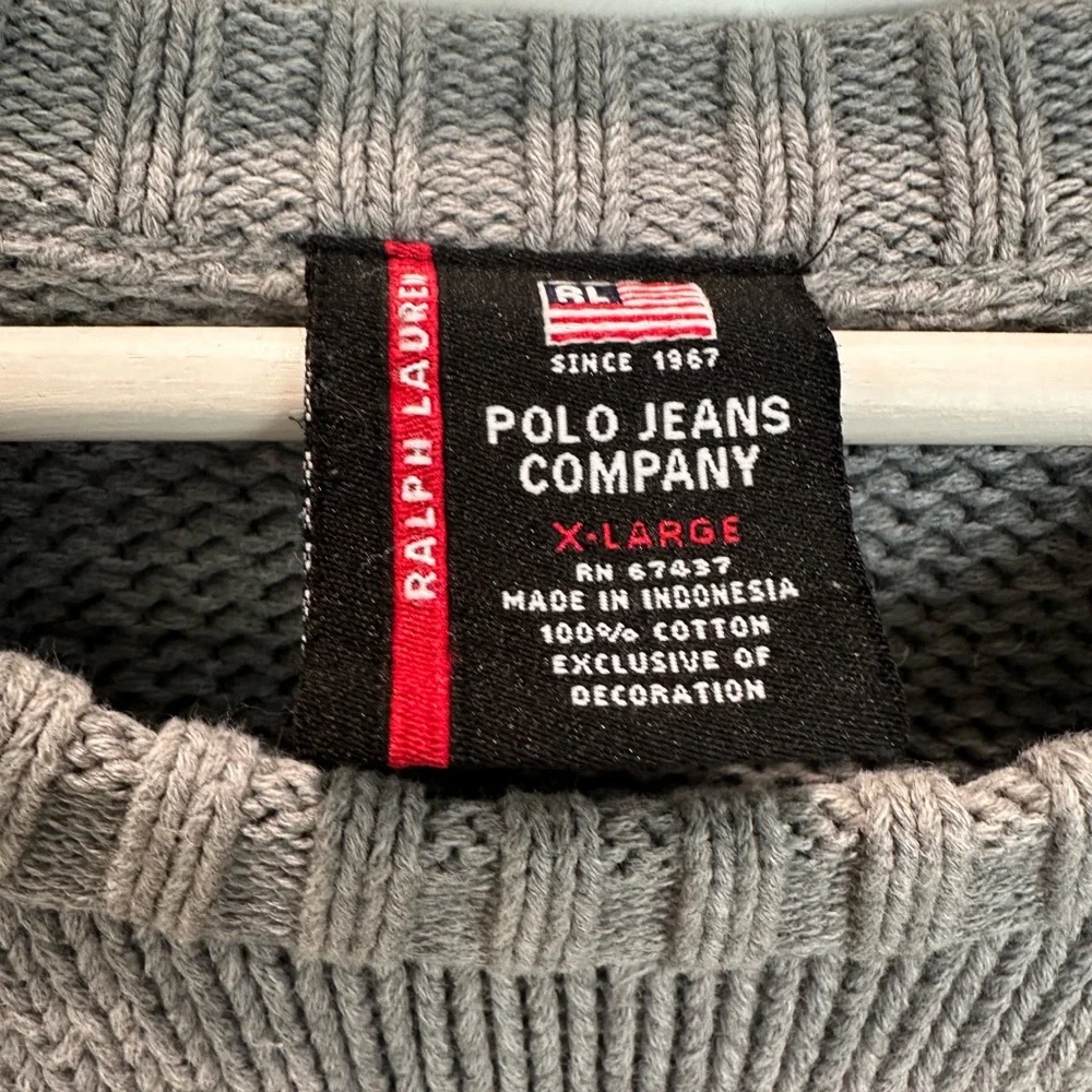 Polo Jeans Co. Ralph Lauren Gray Flag Knit Sweater Unisex XL 100% Cotton - Picture 4 of 8